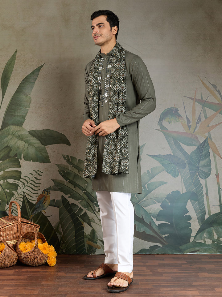 Olive Green Viscose Men’s Kurta with Mirror Work & Zari Weaving – Festive & Wedding Wear