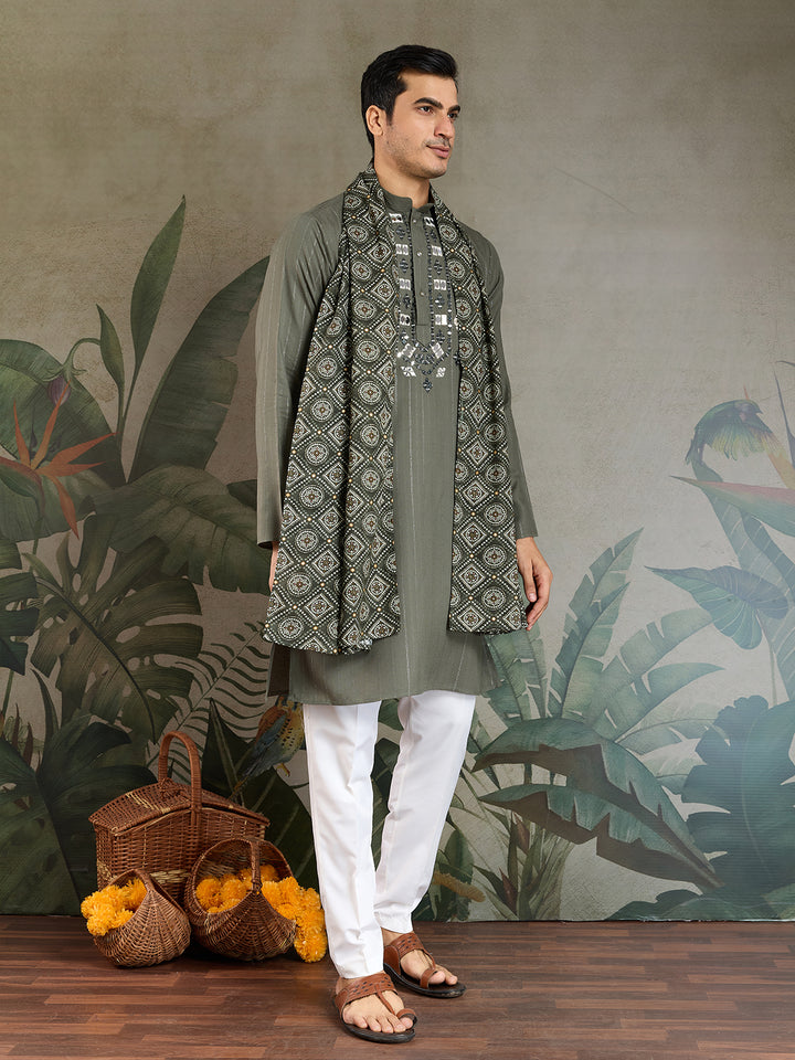 Olive Green Viscose Men’s Kurta with Mirror Work & Zari Weaving – Festive & Wedding Wear