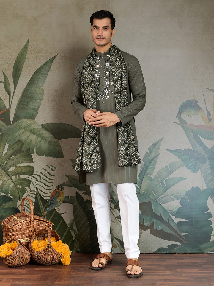 Olive Green Viscose Men’s Kurta with Mirror Work & Zari Weaving – Festive & Wedding Wear