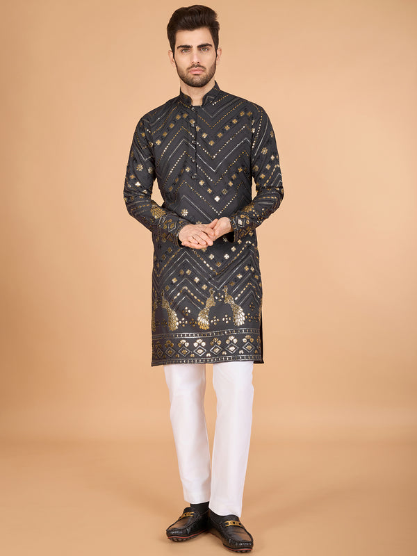 Grey Viscose Rayon Men's Kurta with Thread & Sequin Embroidery – Festive & Wedding Wear