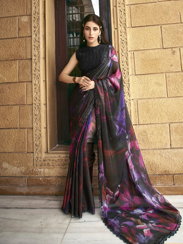 Black Satin Silk Saree with Black Crush Blouse for Any Occasion