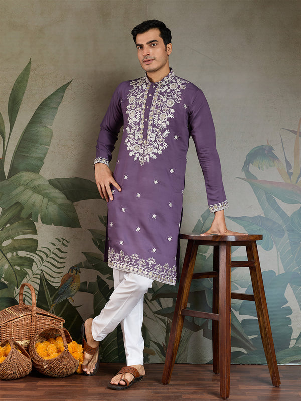 Men's Pastel Purple Embroidered Wedding Kurta in Premium Rayon Fabric | Thread & Sequin Work Ethnic Wear