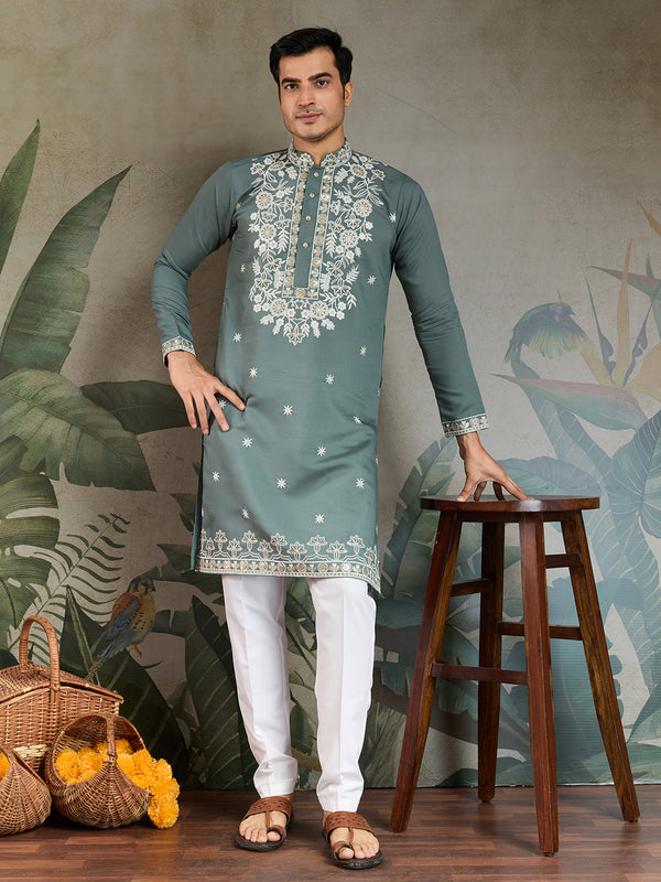 Men’s Pistachio Green Rayon Kurta for Wedding | Thread & Sequin Embroidered Ethnic Wear for Groom & Guests
