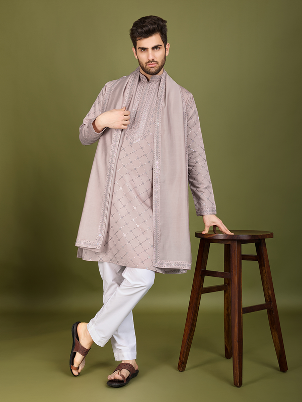 Men's Ivory Viscose Silk Kurta with Thread & Sequence Work