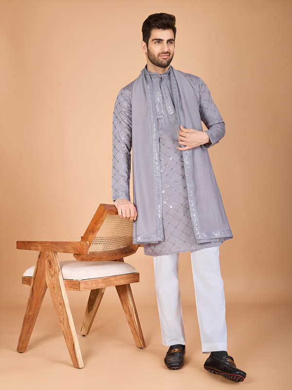 Men's Grey Viscose Silk Kurta with Thread & Sequence Embroidery Work