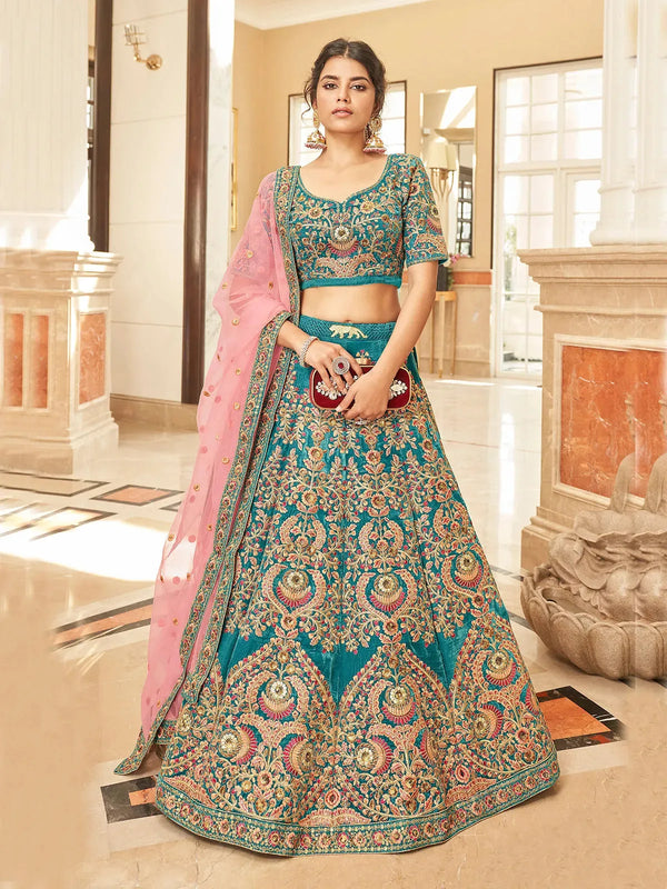 Teal Blue Velvet Lehenga Set with Pink Dupatta for Bridal Wedding Wear