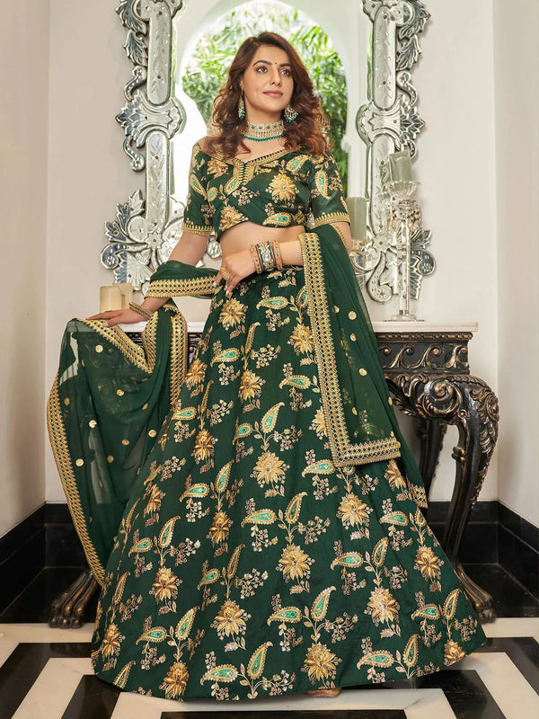 Dark Green Silk Lehenga Choli Sequins & Patch Border Work for Wedding & Festival