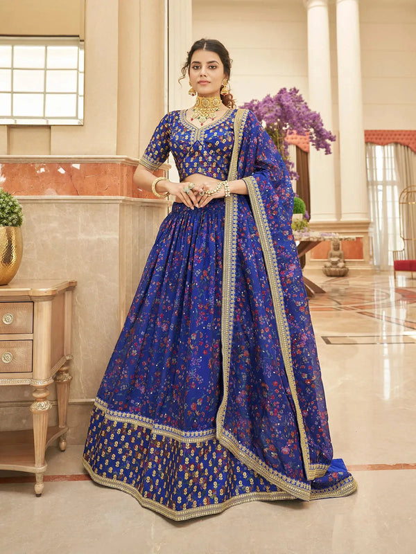 Royal Blue Organza Lehenga Set Sequins & Patch Border Work for Wedding & Parties