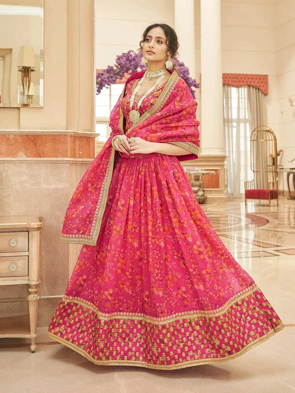 Pink Organza Lehenga Set Sequins & Patch Border Work for Wedding & Parties