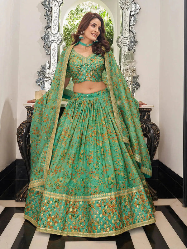 Light Green Organza Lehenga Set Sequins & Patch Border Work for Wedding & Parties