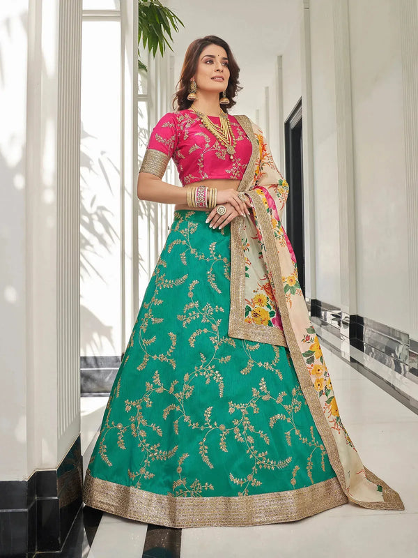 Teal Green Silk Lehenga with Pink Kameez and Multicolor Organza Dupatta