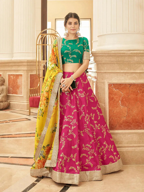 Pink Silk Lehenga with Teal Green Art Silk Kameez and Mustard Organza Dupatta