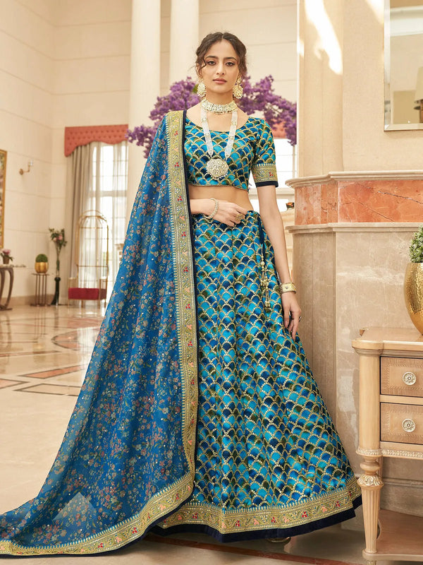 Blue Silk Lehenga Choli with Digital Print and Resham Embellishments For Parties & Weeding