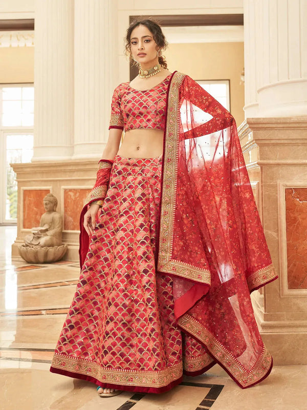 Red Silk Lehenga with Exquisite Digital Print & Patch Border Work For Parties & Weeding