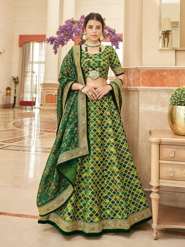 Green Silk Lehenga with Exquisite Digital Print & Patch Border Work For Parties & Weeding