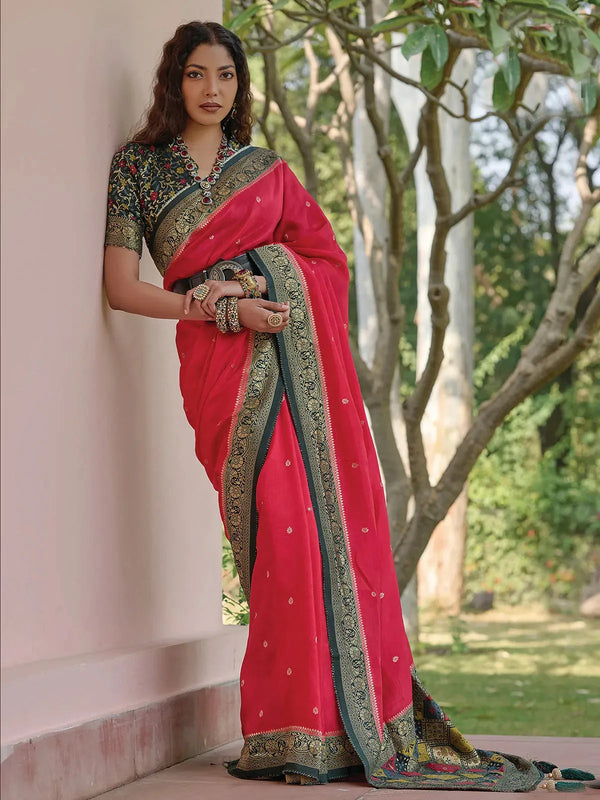 Red Weaving Saree with Green Viscose Contrast Blouse for Festive Occasions