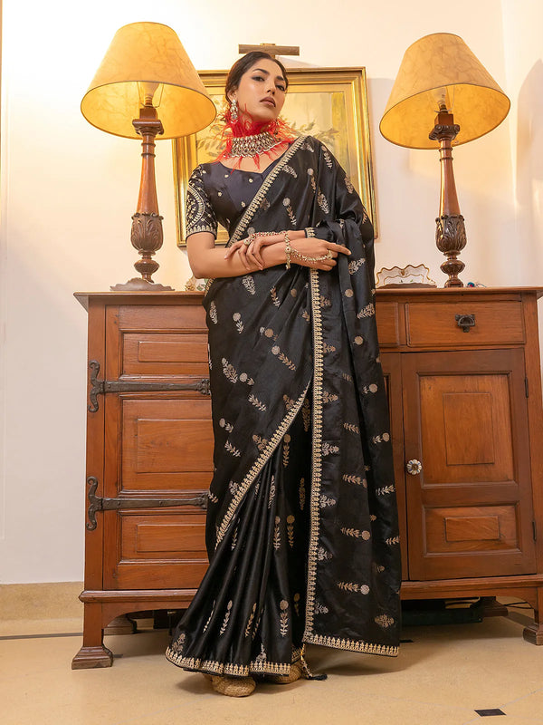 Black Satin Silk Party Wear Saree with Zari Motifs and Embroidered Work