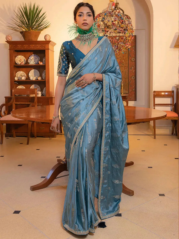 Cloud Blue Satin Silk Party Wear Saree with Zari Motifs and Embroidered Work