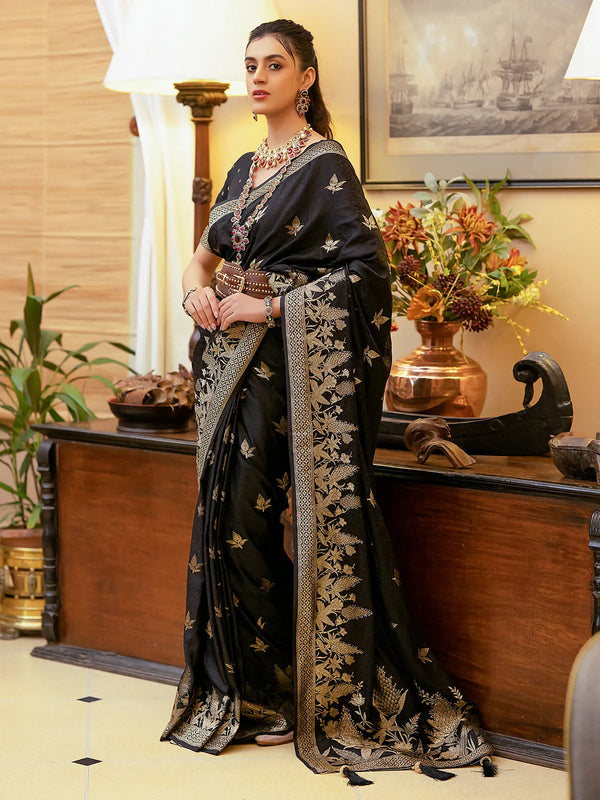 Black Satin Silk Blouse with Intricate Zari Weaving for Party Wear