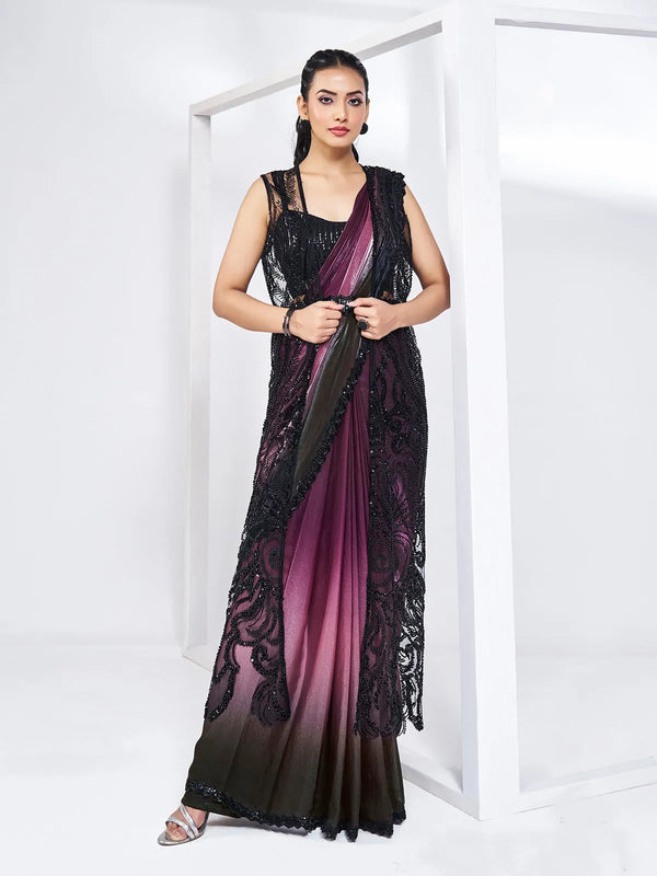 Wine Satin Silk Ready Made Party Wear Saree