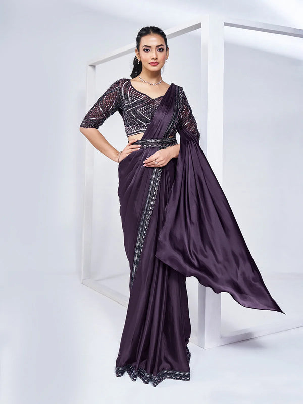 Ready Made Purple Satin Silk Handwork Party Wear Saree