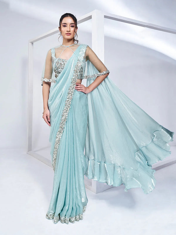 Satin Silk Ready To Wear Aqua Blue Party Wear Saree