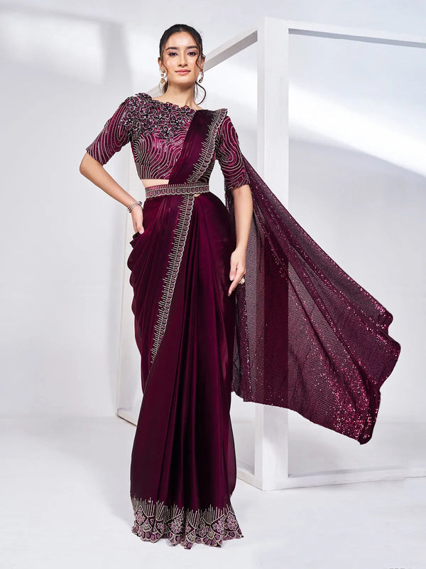 Wine Fency Designer Party Wear Satin Silk ReadyMade Saree