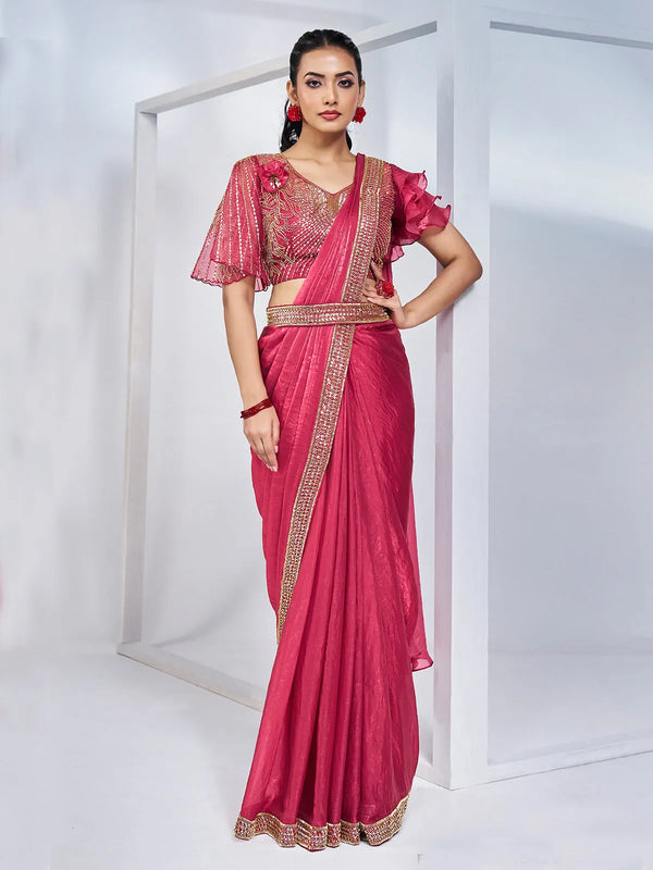 Pink Fancy Satin Silk Ready Made Party Wear Saree