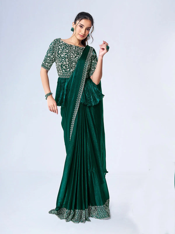 Satin Silk Ready To Wear Green Designer Party Saree