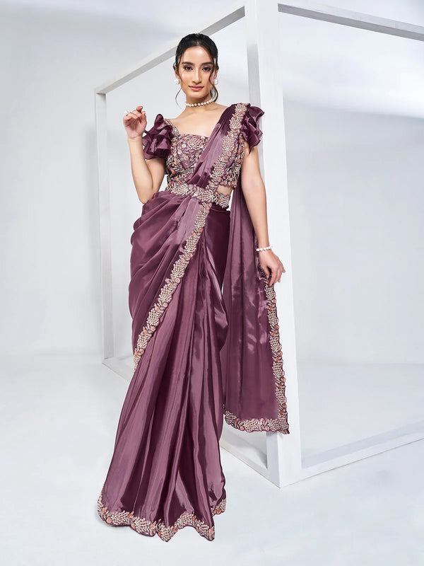 Lavender Satin Silk Fancy Party Ready To Wear Saree