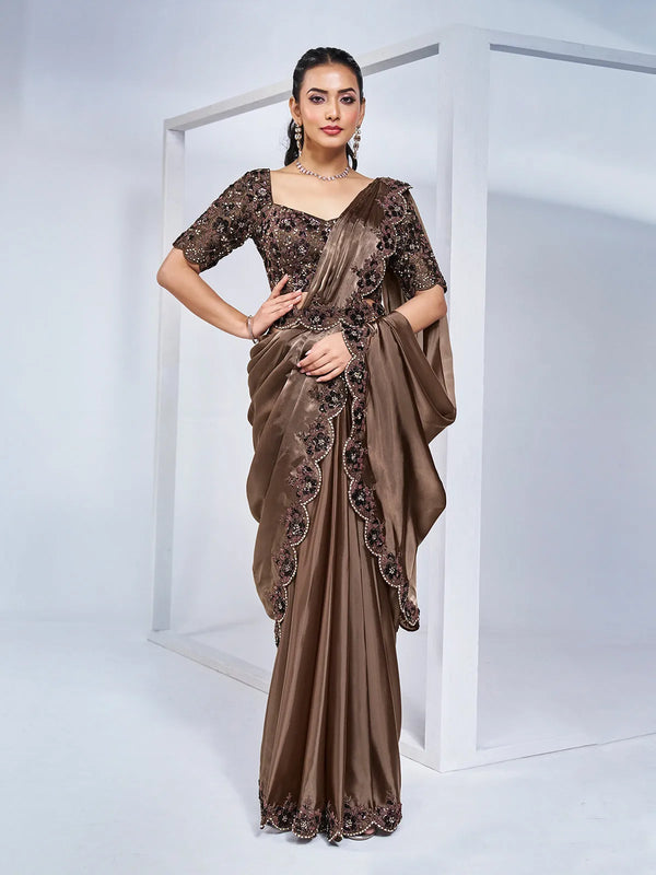 Brown Crepe Satin Silk Ready Made Party Wear Saree