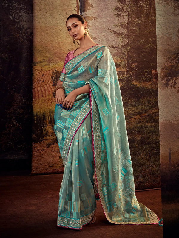 Baby Blue Green Organza Silk Saree with Designer Embroidery Work For Parties & Weeding