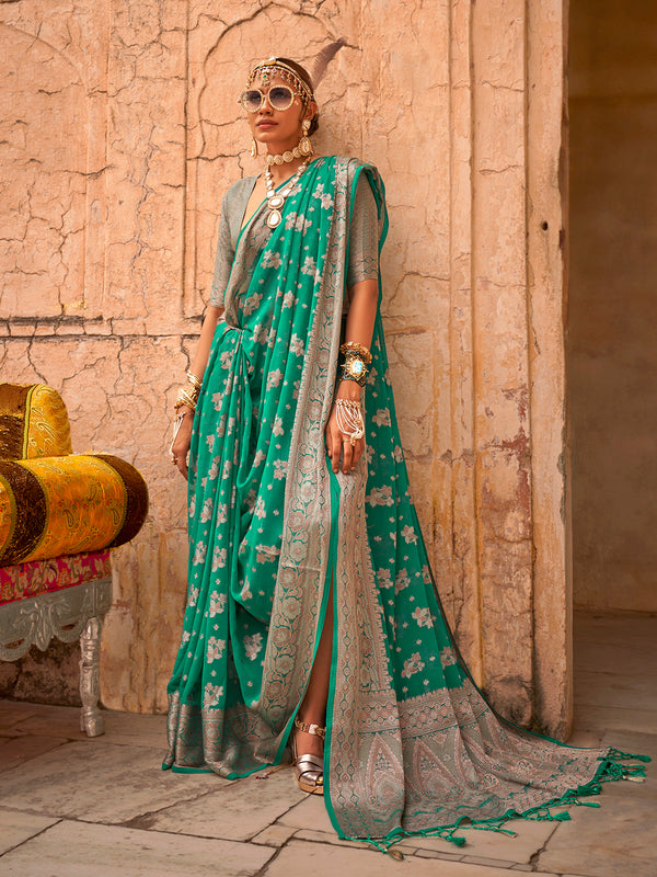 Aqua Green Georgette Saree with Weaving Butta Border For Festival Wear