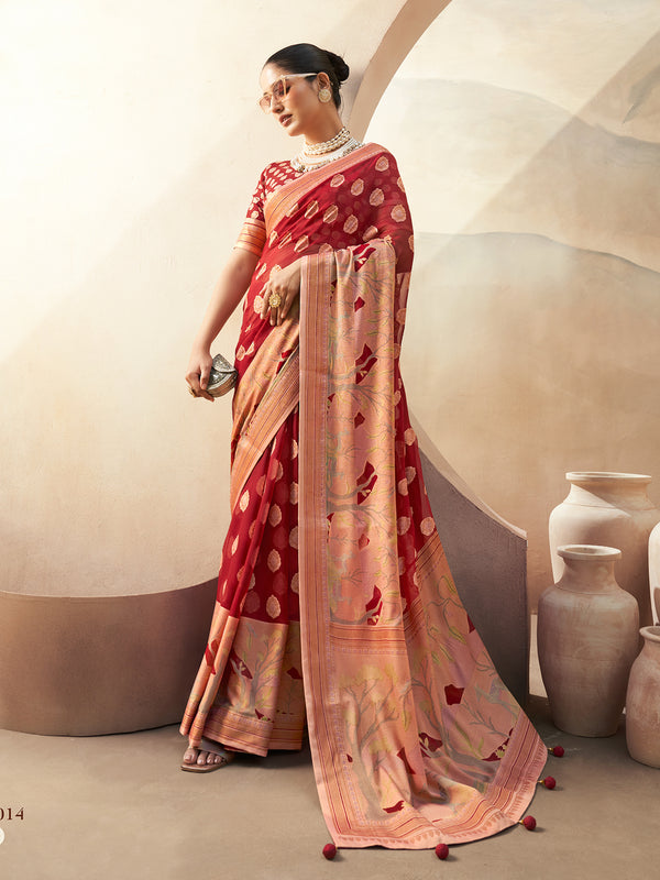 Red Georgette Festival Saree with Burnout Butti