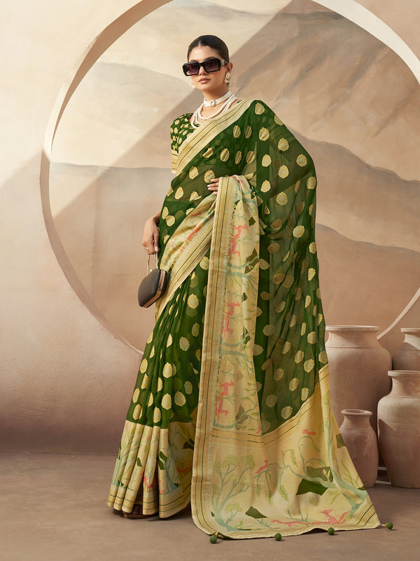 Green Georgette Festival Saree with Burnout Butti