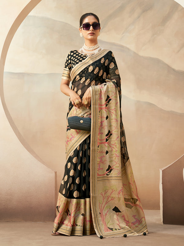 Black Georgette Festival Saree with Burnout Butti