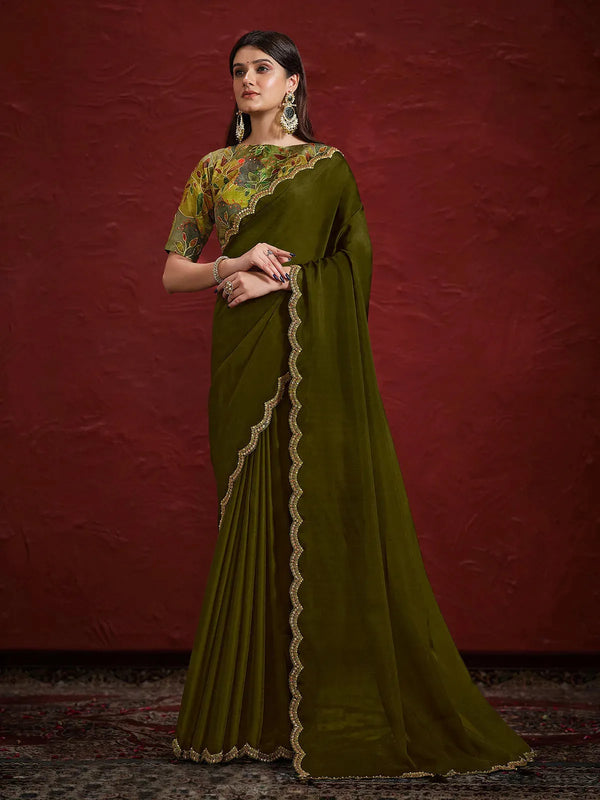 Green Crepe Georgette Silk Saree with Handwork For Festival Wear