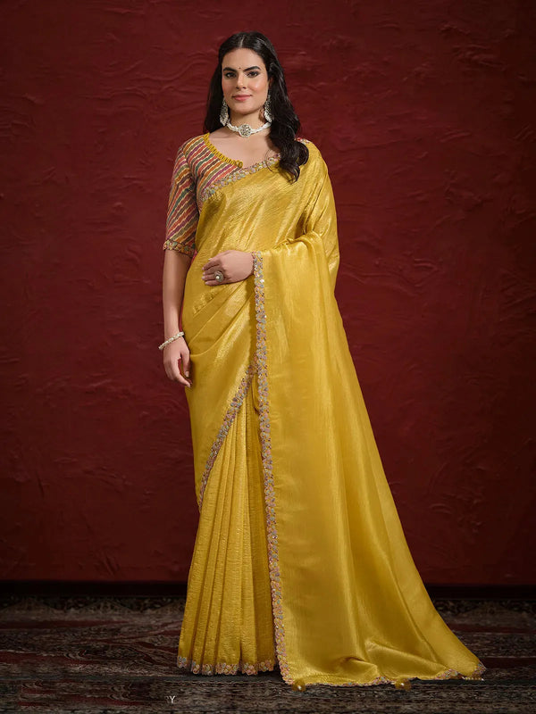 Mustard Crush Paper Silk Saree with Handwork For Festival Wear