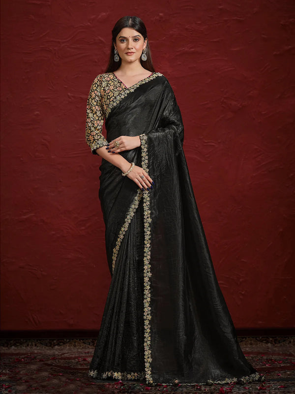 Black Paper Silk Saree with Handcrafted Moti Embroidery For Festival Wear