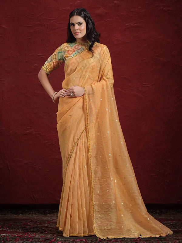 Orange Tone Jacquard Butti Tusser Saree with Weave For Festival Wear