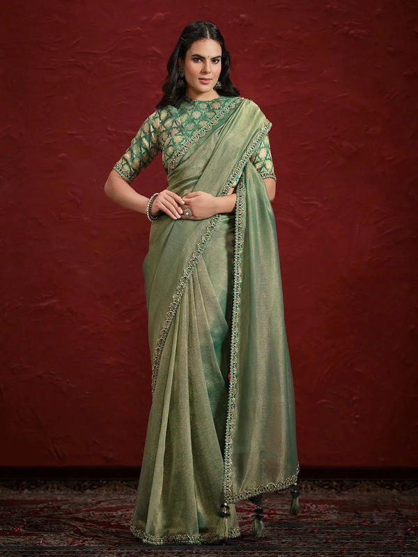 Green Banarasi Jari Pleated Saree with Handwork For Festival Wear