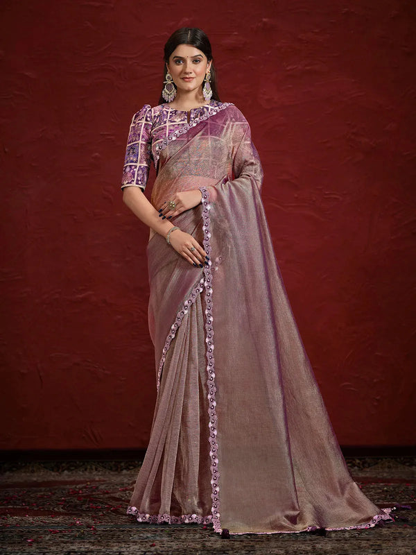 Purple Banarasi Jari Pleated Saree with Handwork For Festival Wear