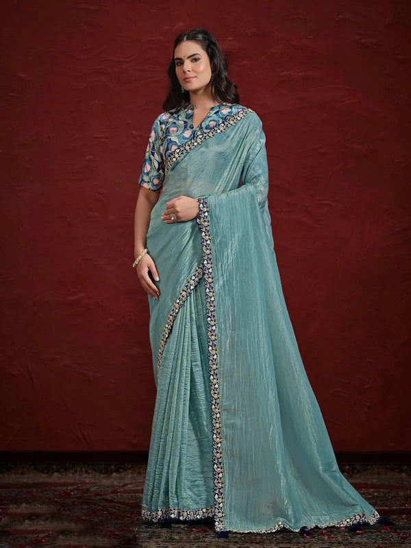 Sea Green Paper Silk Saree with Exquisite Handwork For Festival Wear