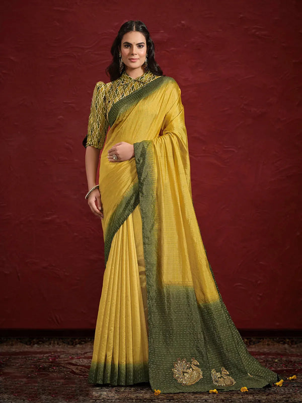 Mustard & Green Dolla Silk Saree with Moti Work  For Festival Wear