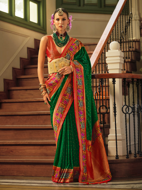 Banarasi Silk Saree with Jacquard Weaving Butti In Dark Green