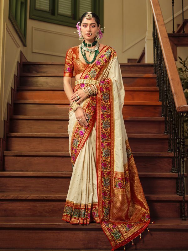 Off-White Banarasi Silk Saree with Jacquard Weaving Butti