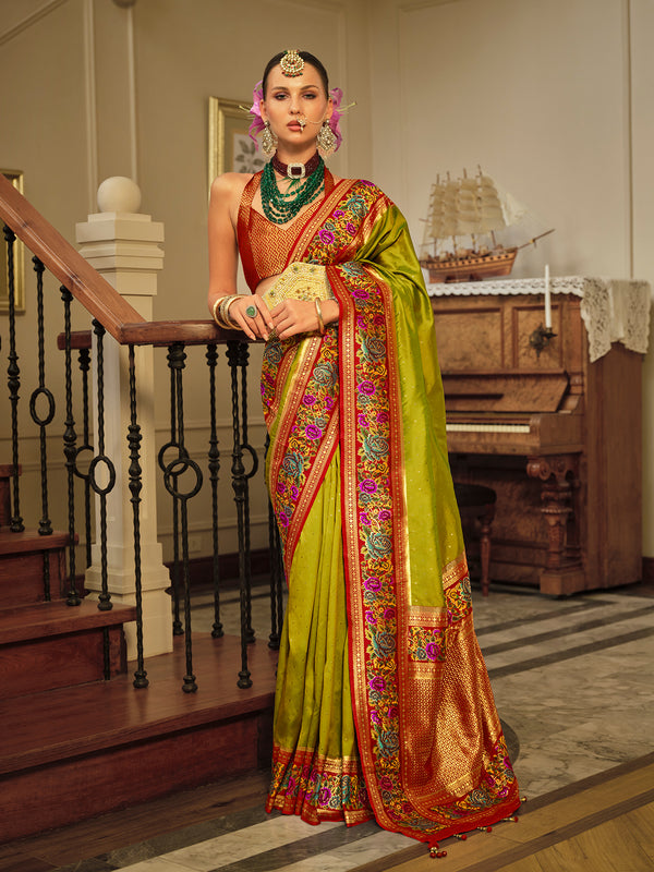 Banarasi Silk Saree with Jacquard Weaving Butti In Olive Green