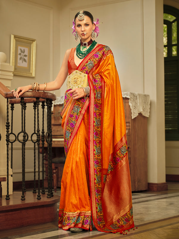 Designer Banarasi Silk Festival Wear Saree In Orange