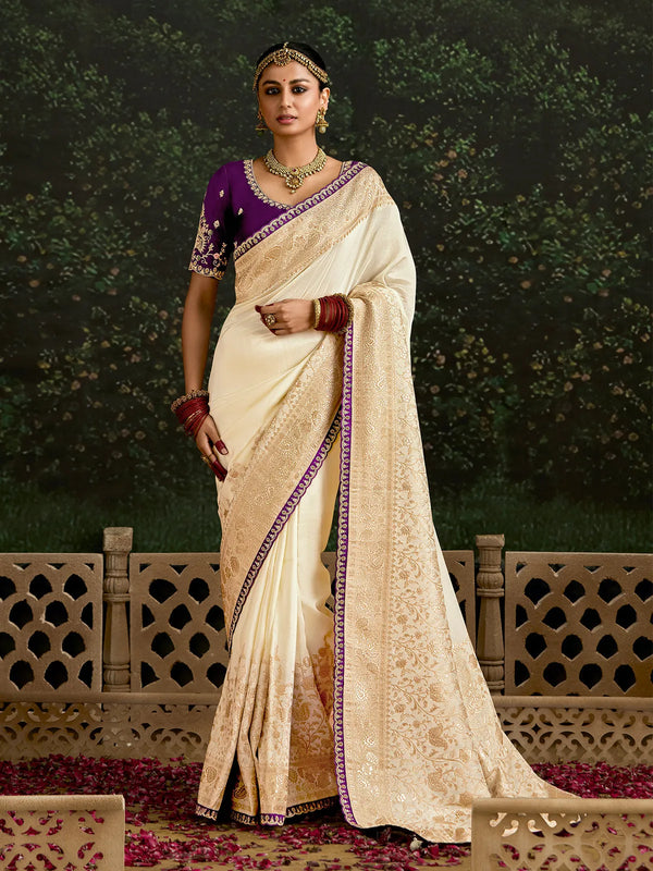 Ivory White Bridal Dola Silk Embrodery Weeding Saree