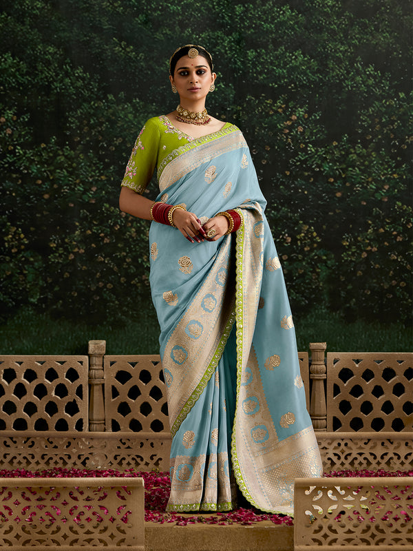 Banarasi Designer Festival Sky Blue Saree In Dola Silk